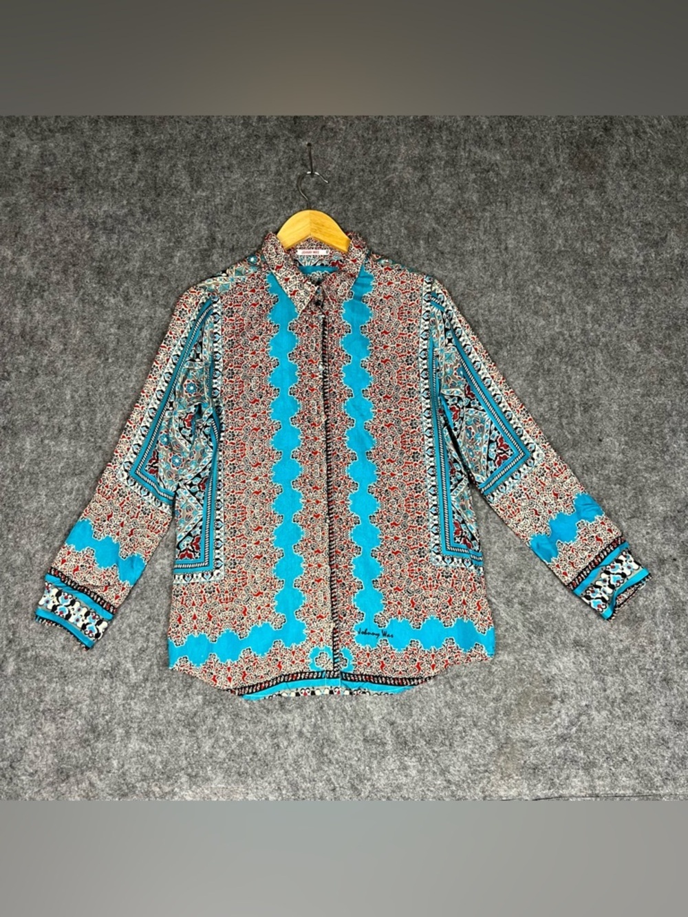 Johnny Was Turquoise and Red Paisley-Print Button-Down Shirt